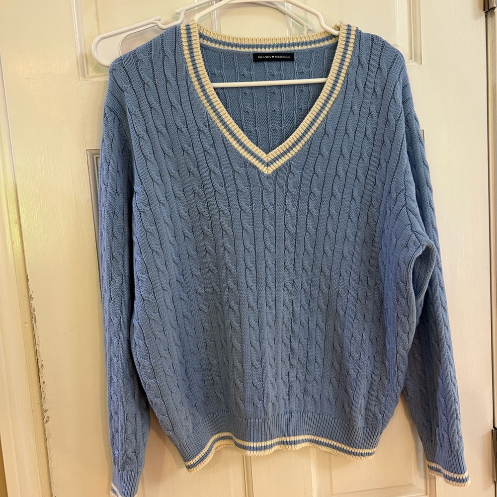 Brandy Melville Blue and Cream Knit Sweater